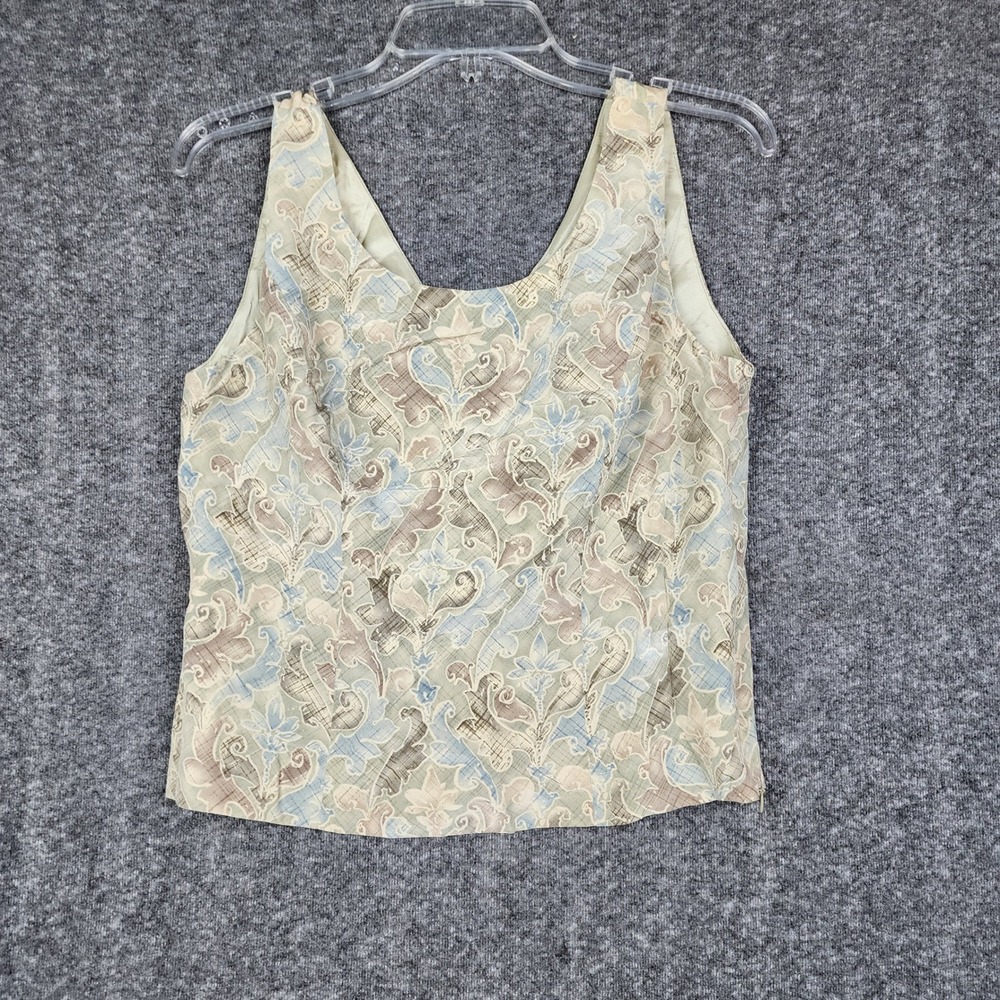 Adrianna Papell Silk Tank Top Women 6 Sage Green Blue Paisley Damask Side Zip